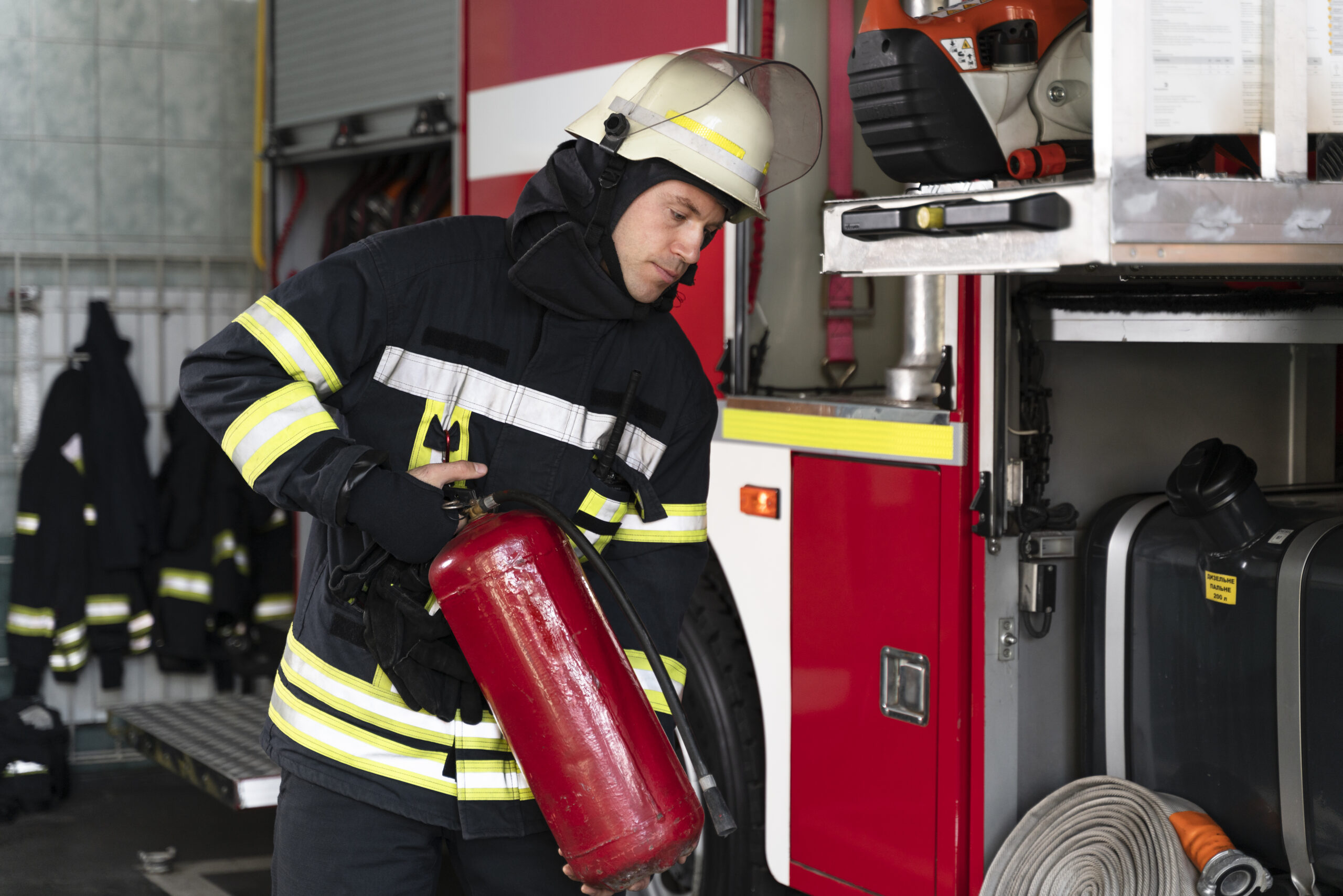 male firefighter station equipped with suit safety helmet
