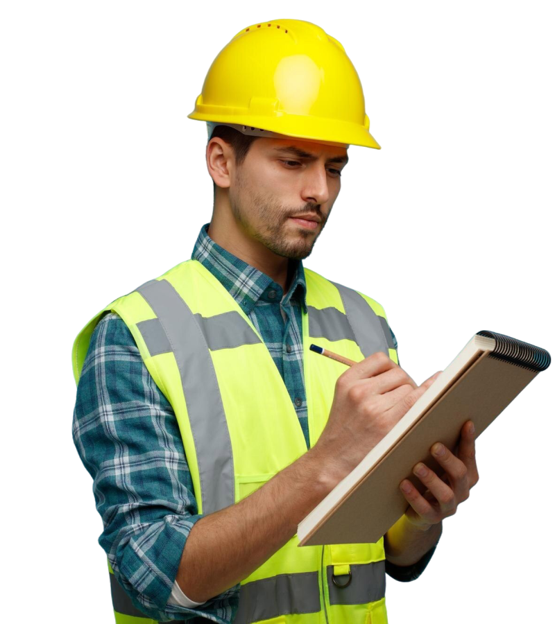 concentrated young male engineer wearing safety helmet uniform standing profile view holding pencil note pad taking work notes isolated blue background